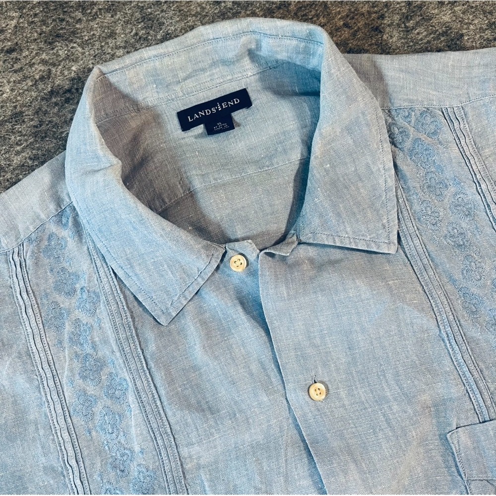 Lands End Mens XL Guayabera Shirt Light Blue Linen Short Sleeve Embroidered